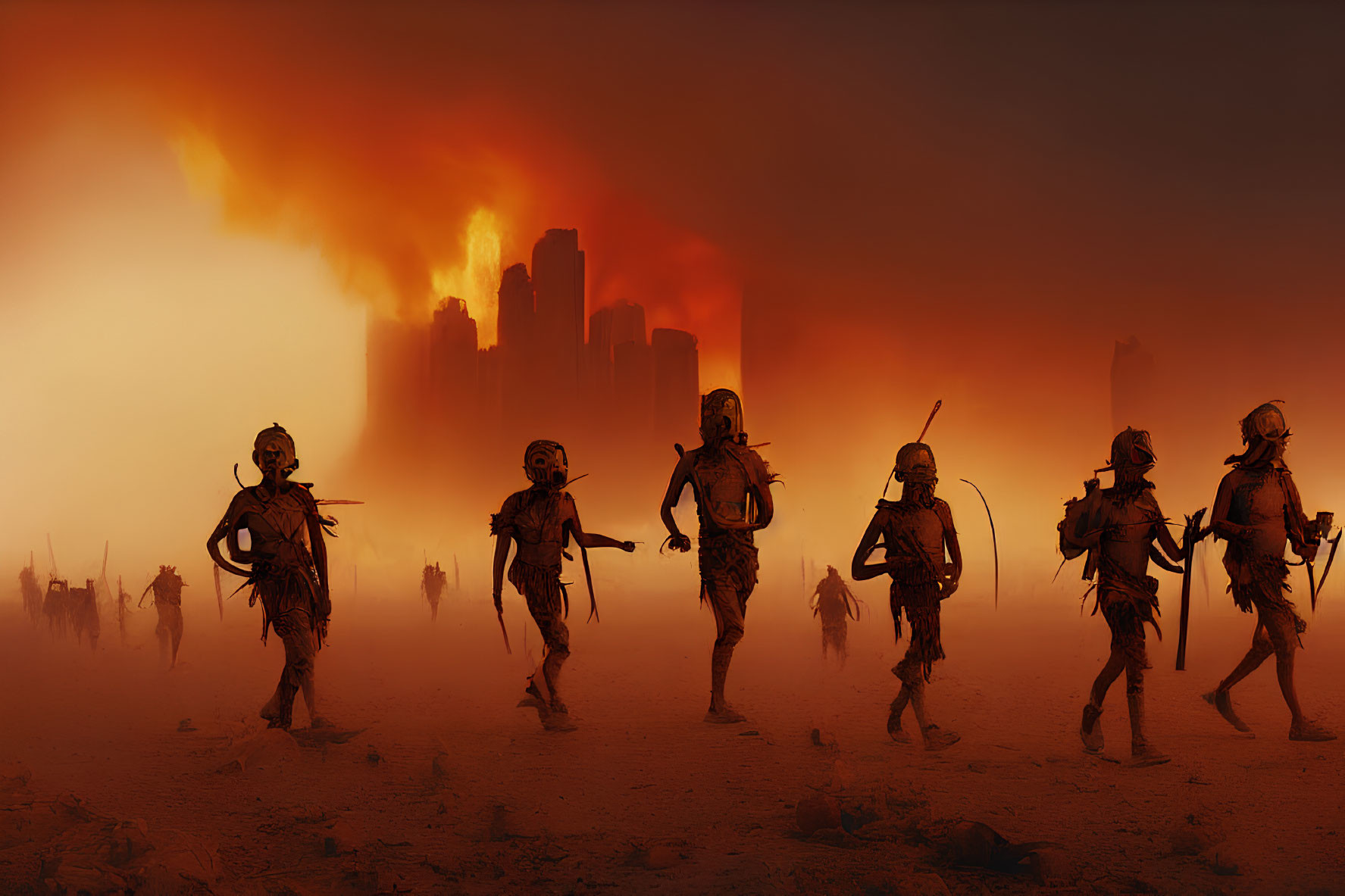 Tribal warriors in apocalyptic landscape with city silhouette & fiery skies