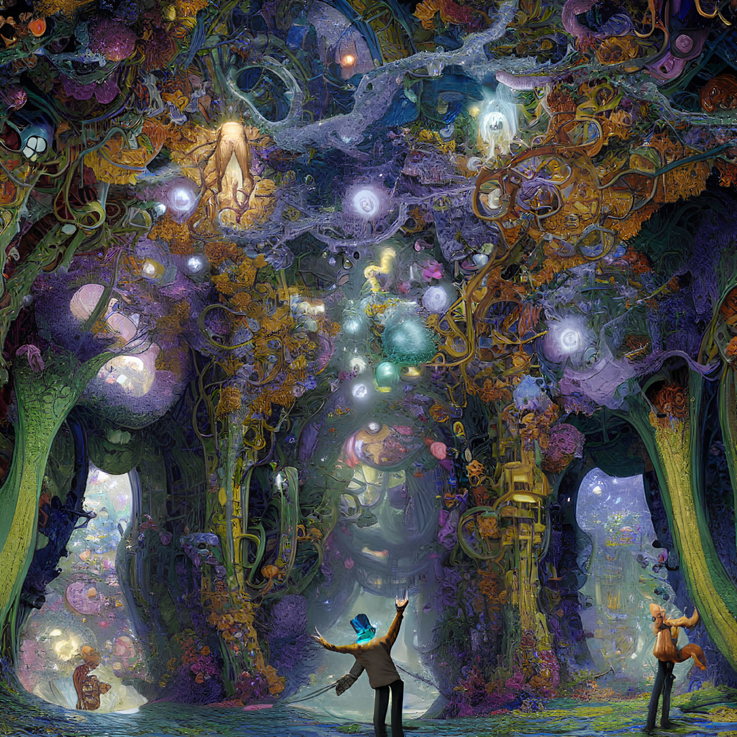 Enchanting forest scene with glowing orbs and ethereal creatures