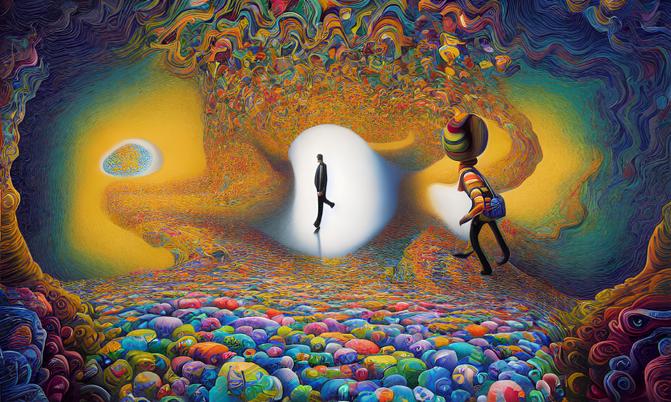 Vibrant surreal landscape with glowing portal and striped figure in eye-patterned surroundings