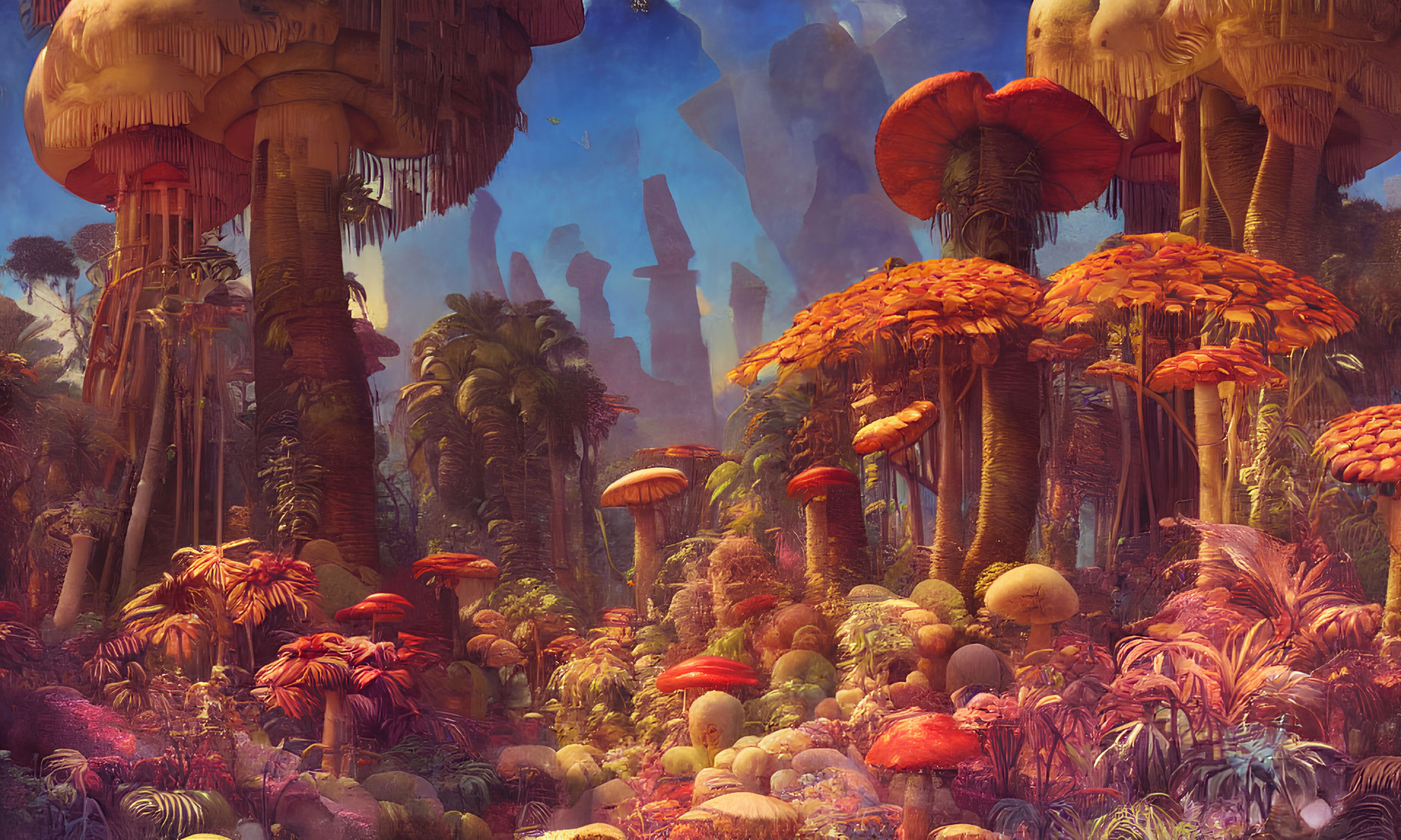 Colorful alien landscape with towering mushroom trees & warm atmosphere