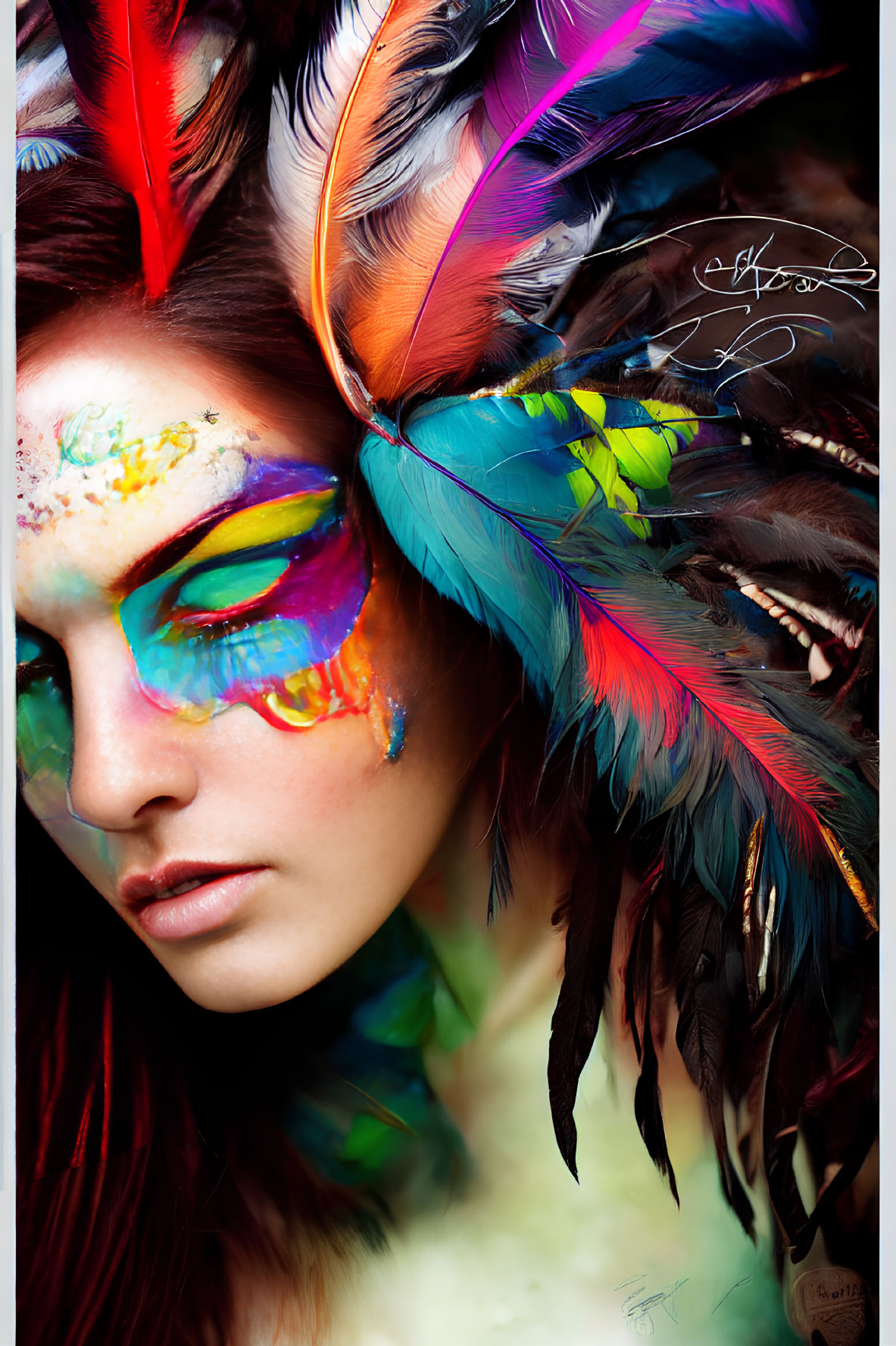 Vibrant face paint and colorful feather headdress on person
