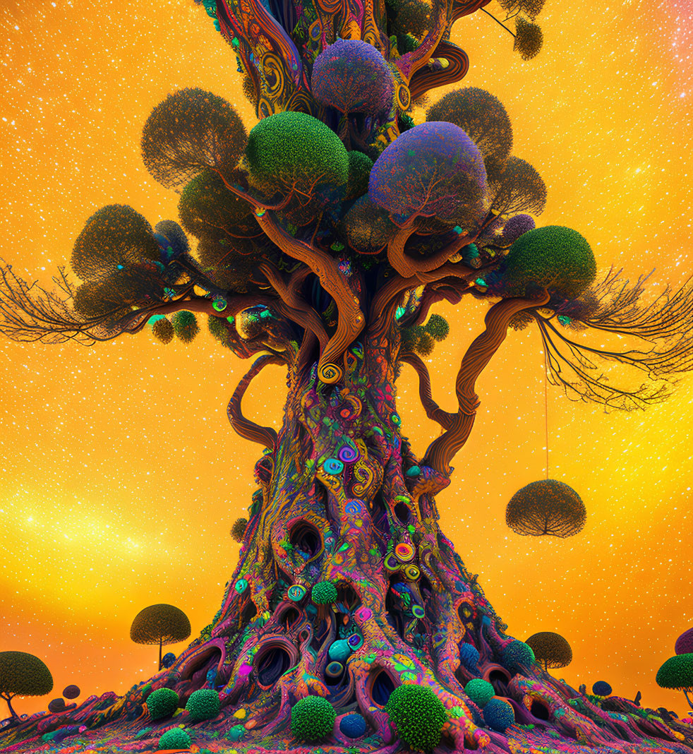 Colorful psychedelic tree with intricate patterns under an orange sky