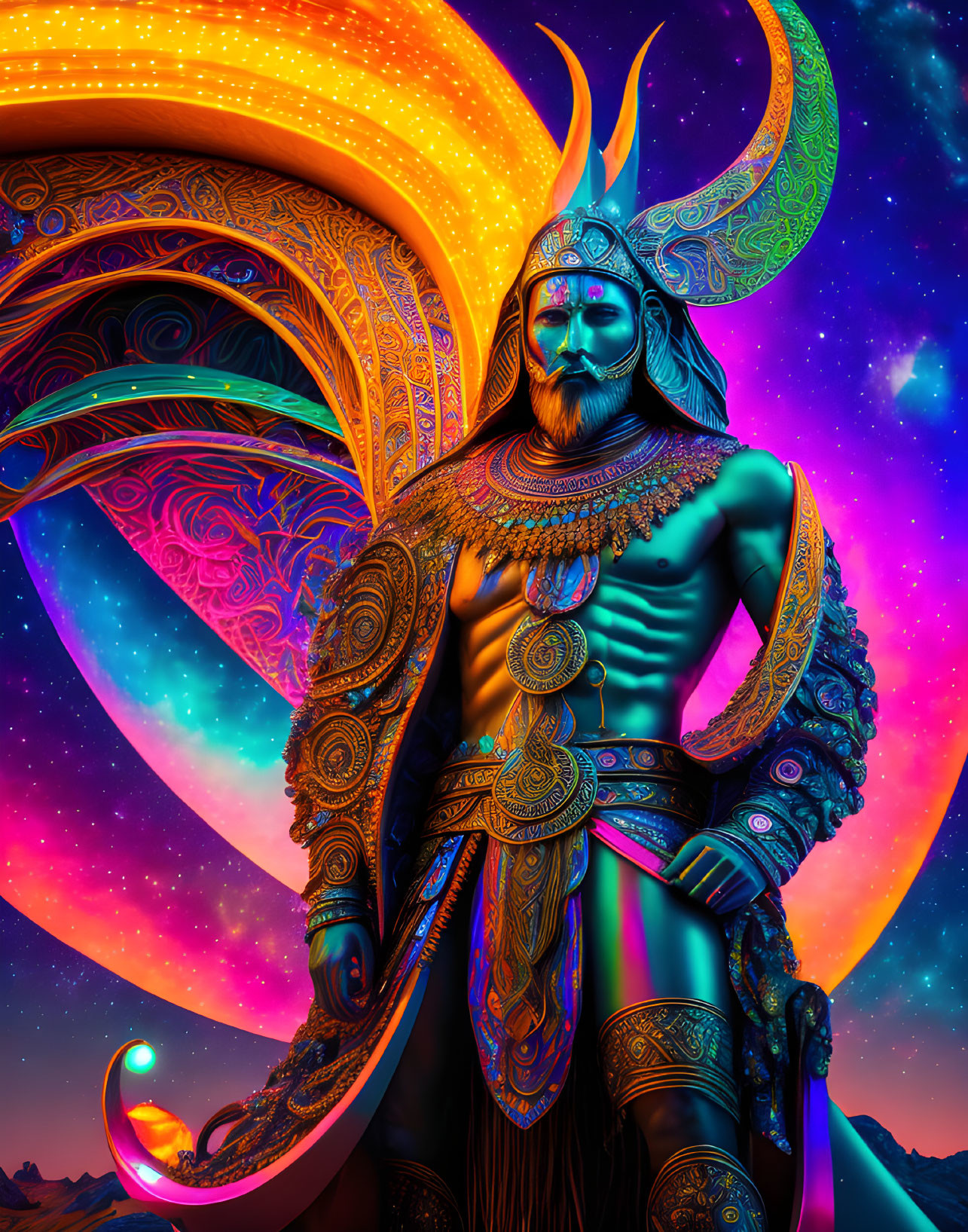 Colorful digital artwork: Mythical warrior in ornate armor against psychedelic celestial backdrop