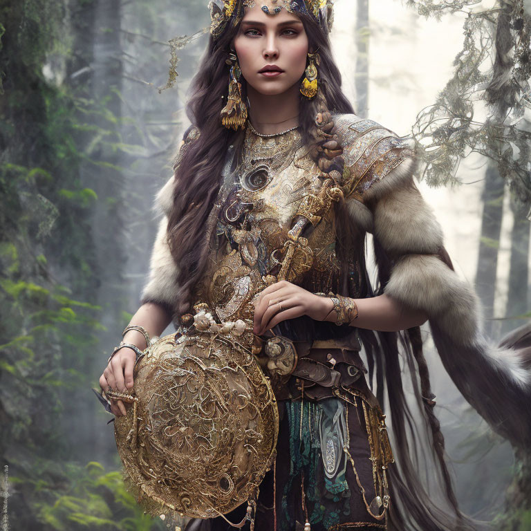 Elaborate Medieval Armor Woman in Misty Forest