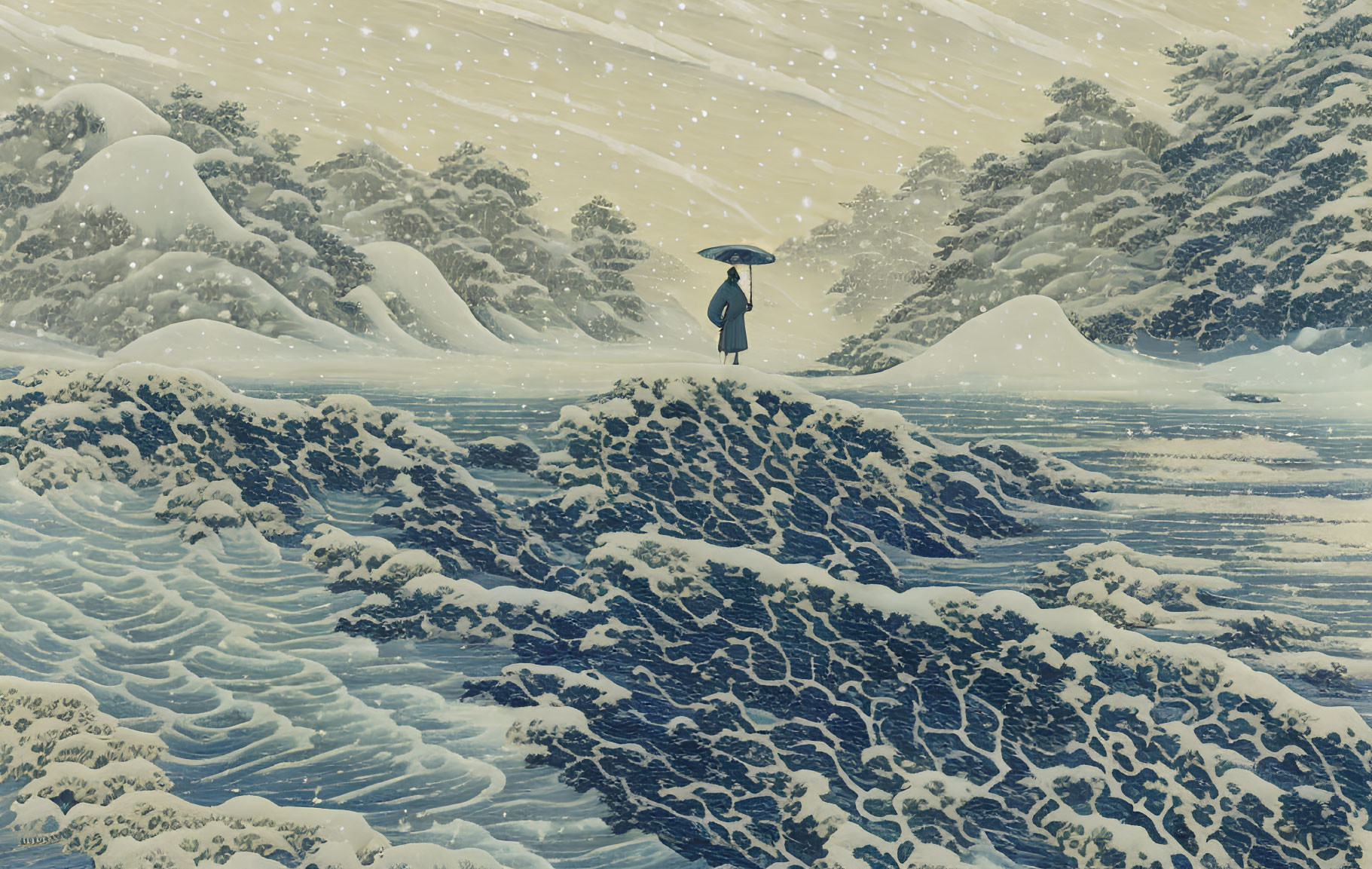 Solitary figure with umbrella in snowy hills and frothy waves