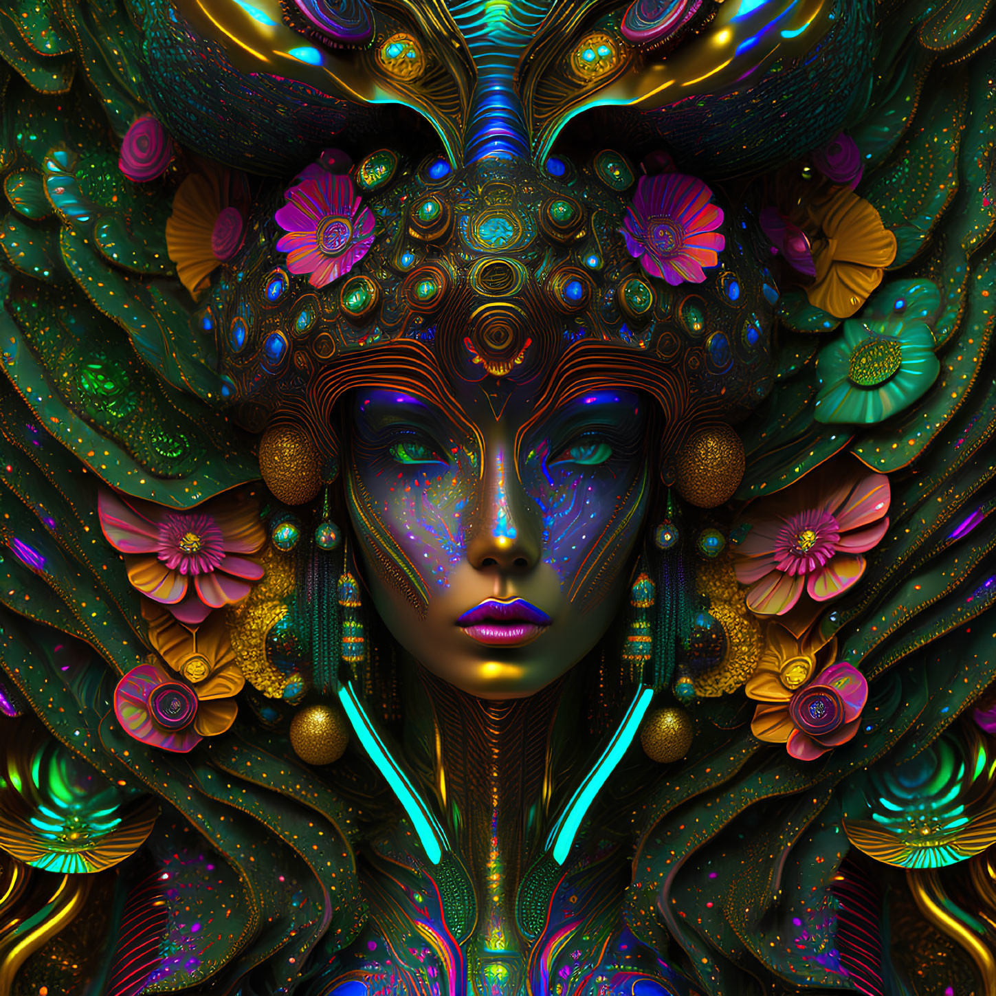 Colorful digital artwork: Female figure with elaborate headdress