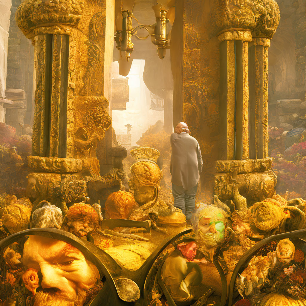 Person in grey coat amidst golden ruins with sculptures and lush vegetation in warm light