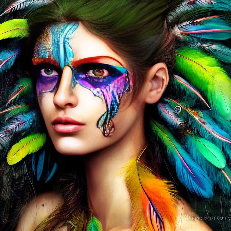 Woman with Vibrant Feather Motifs and Colorful Feathers Display