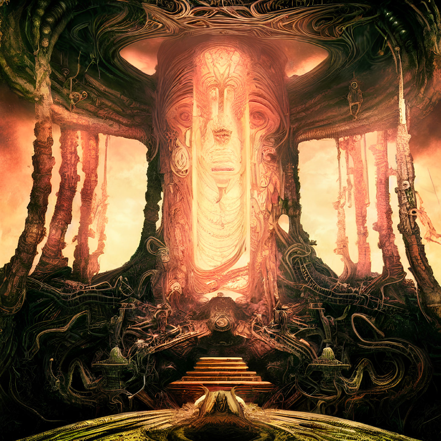 Colossal face in surreal temple under glowing amber sky