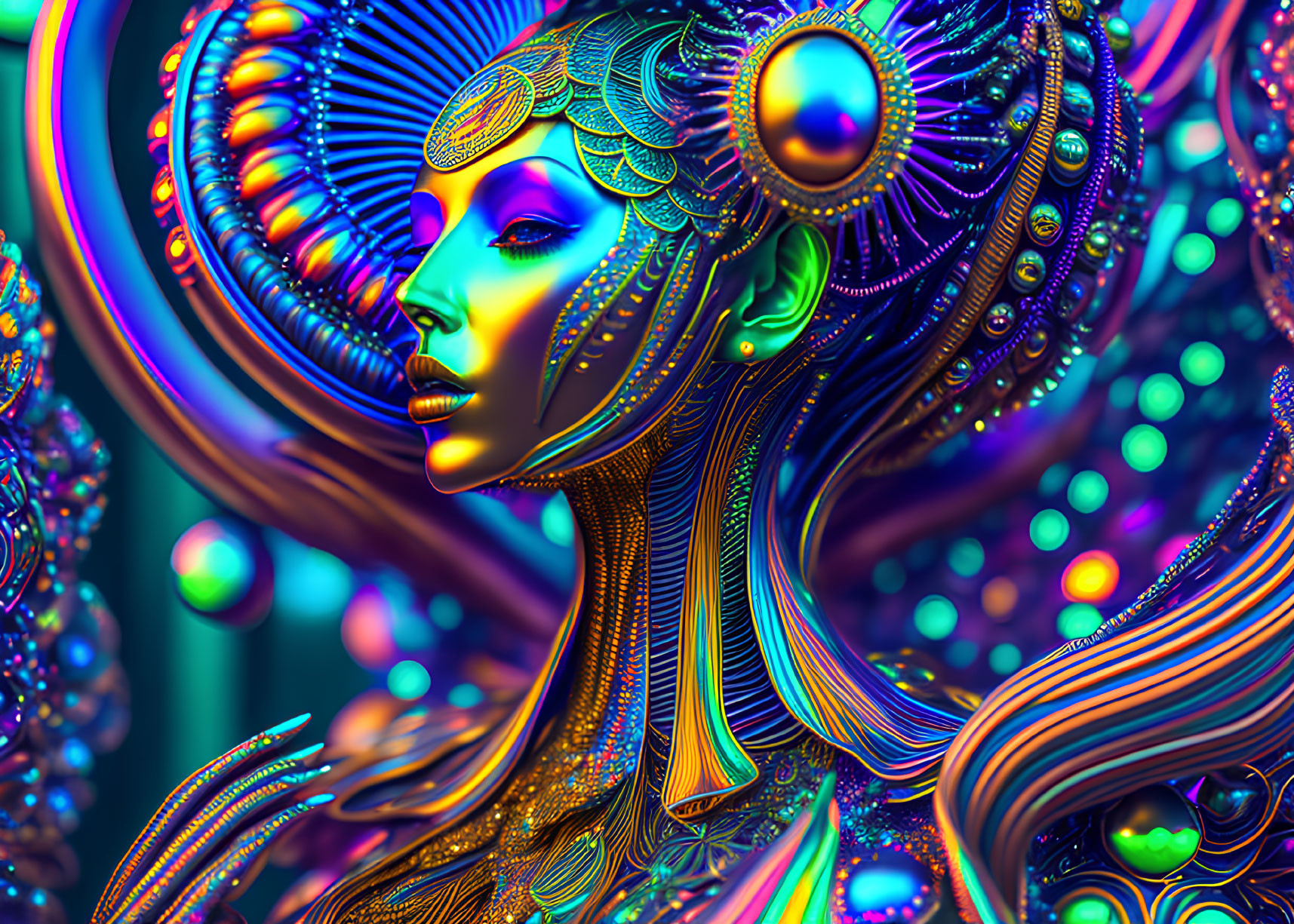 Colorful surreal portrait of a female figure with intricate patterns and ornate headgear amidst swirling neon shapes