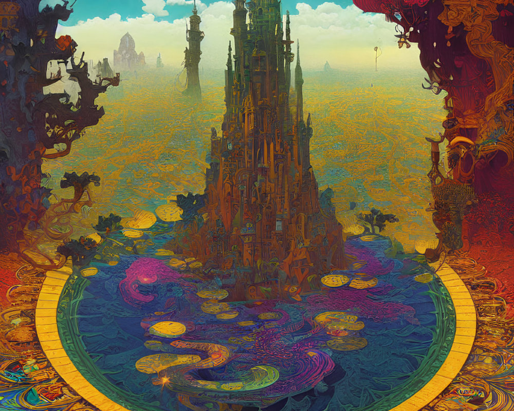 Colorful fantasy artwork of intricate castle in vibrant landscape