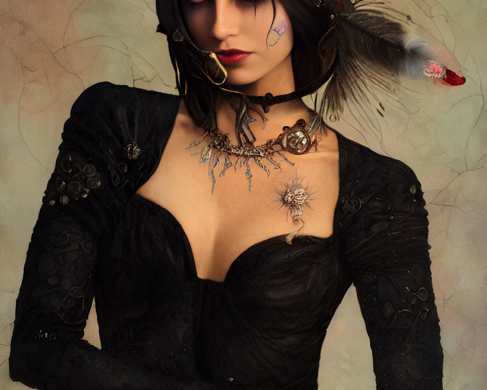 Gothic woman in ornate dress with feathered headpiece