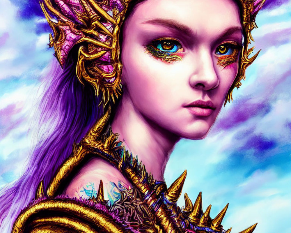 Detailed artwork of person in golden armor with dragon-like helmet and green eyes against purple backdrop