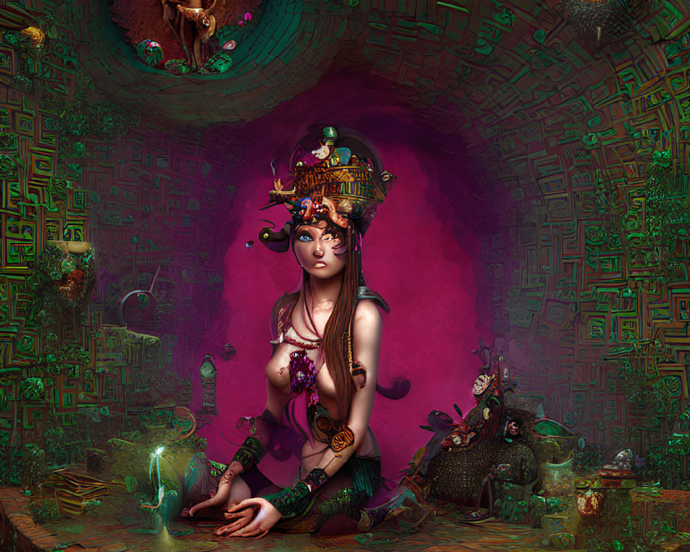 Fantasy artwork of woman with intricate headgear and mystical artifacts
