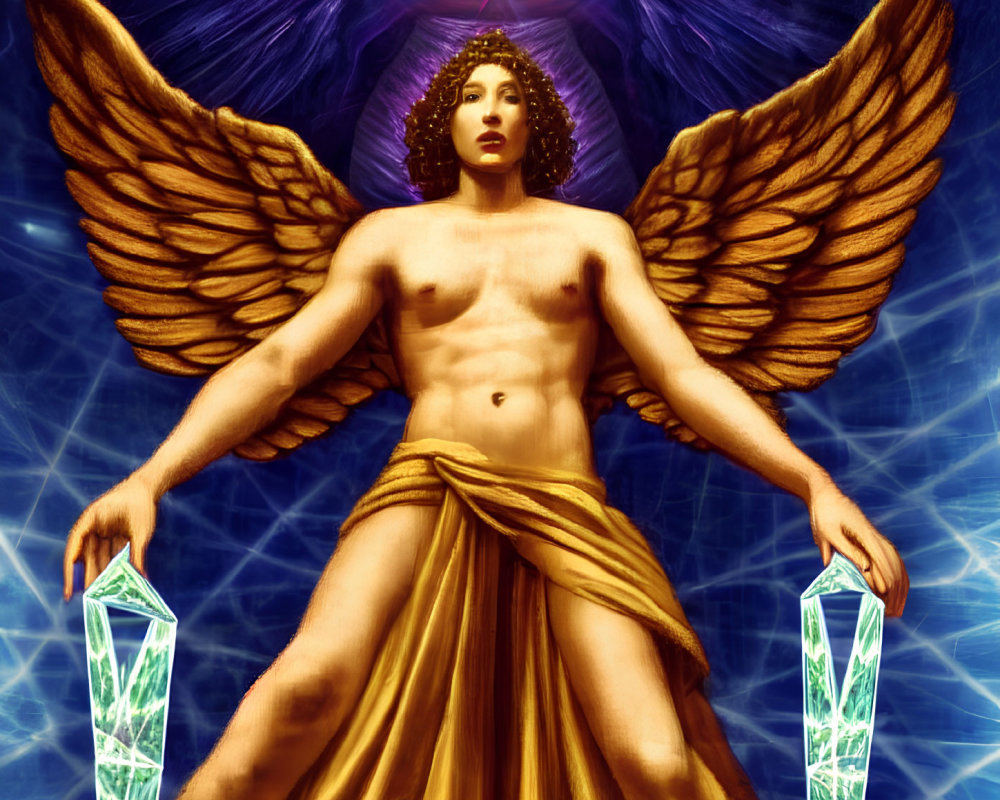 Winged figure with halo holding crystals in cosmic setting