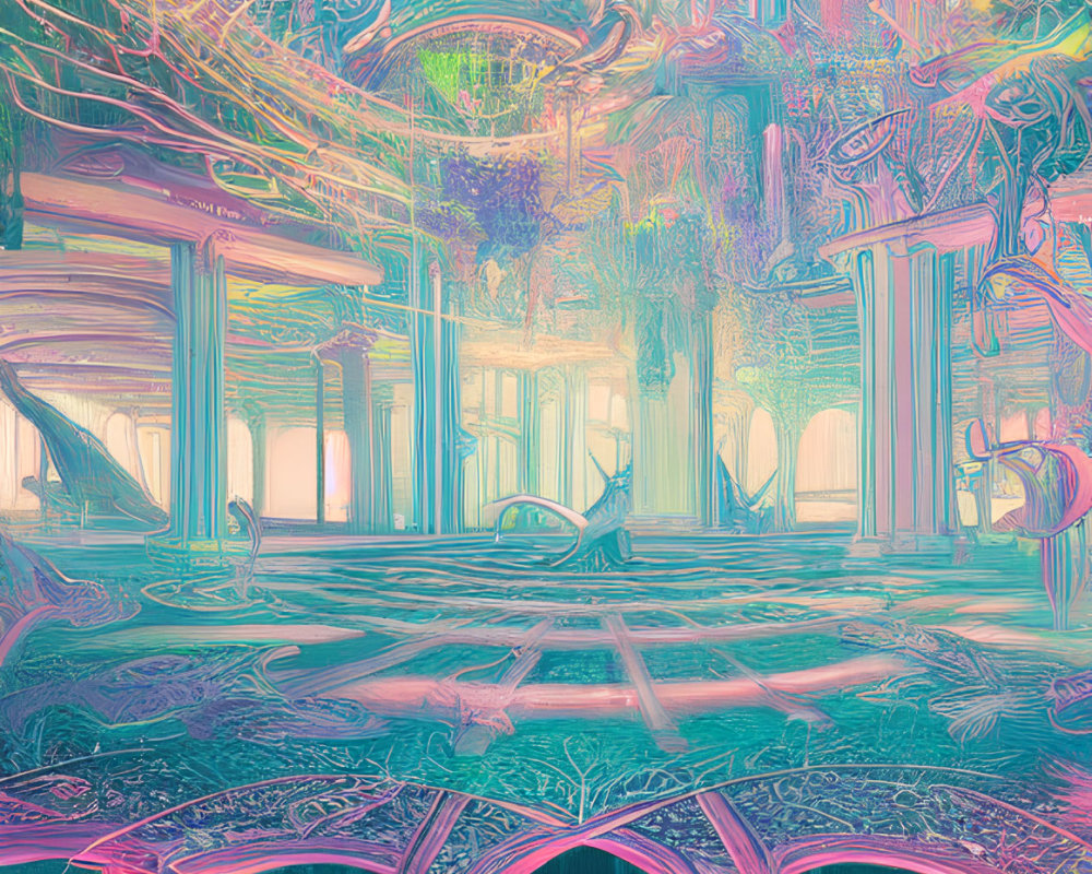 Colorful Psychedelic Art: Classical Architecture with Surreal Flamingo Motif