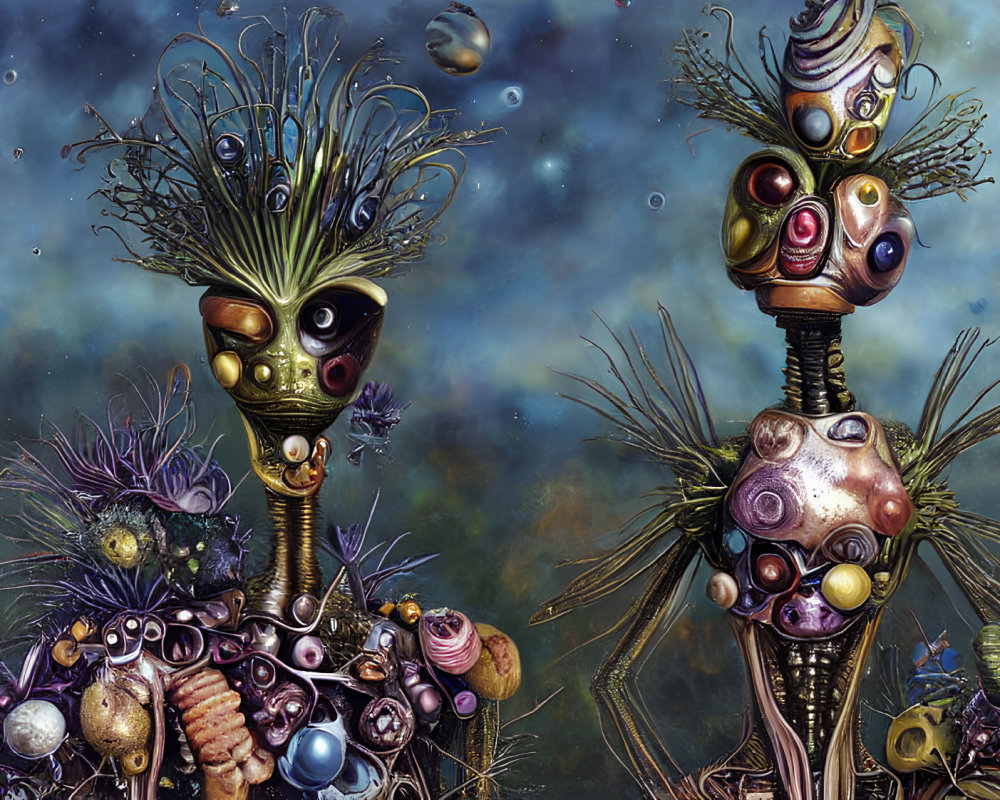 Abstract alien-like creatures in cosmic scene with biological and mechanical elements