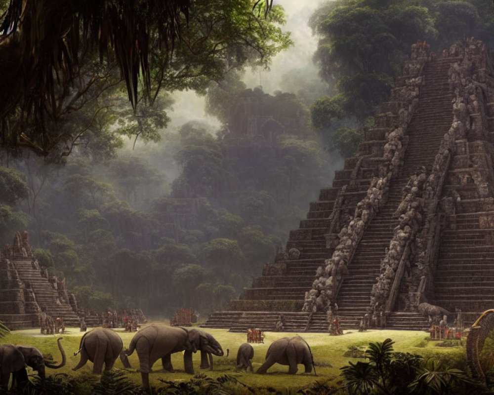 Mystical jungle scene with elephants and ancient step pyramid in fog
