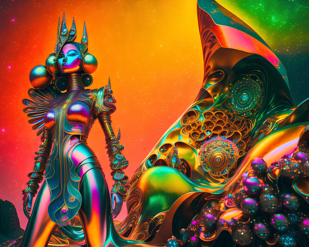 Colorful futuristic digital art of armored female figure in surreal landscape