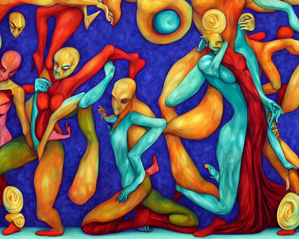 Colorful Abstract Humanoid Figures Dancing on Blue Background