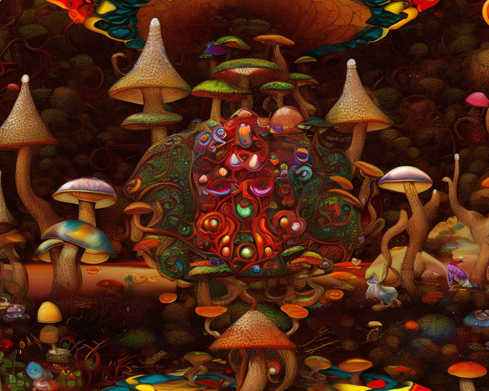 Colorful psychedelic mushrooms and ornate patterns in whimsical setting