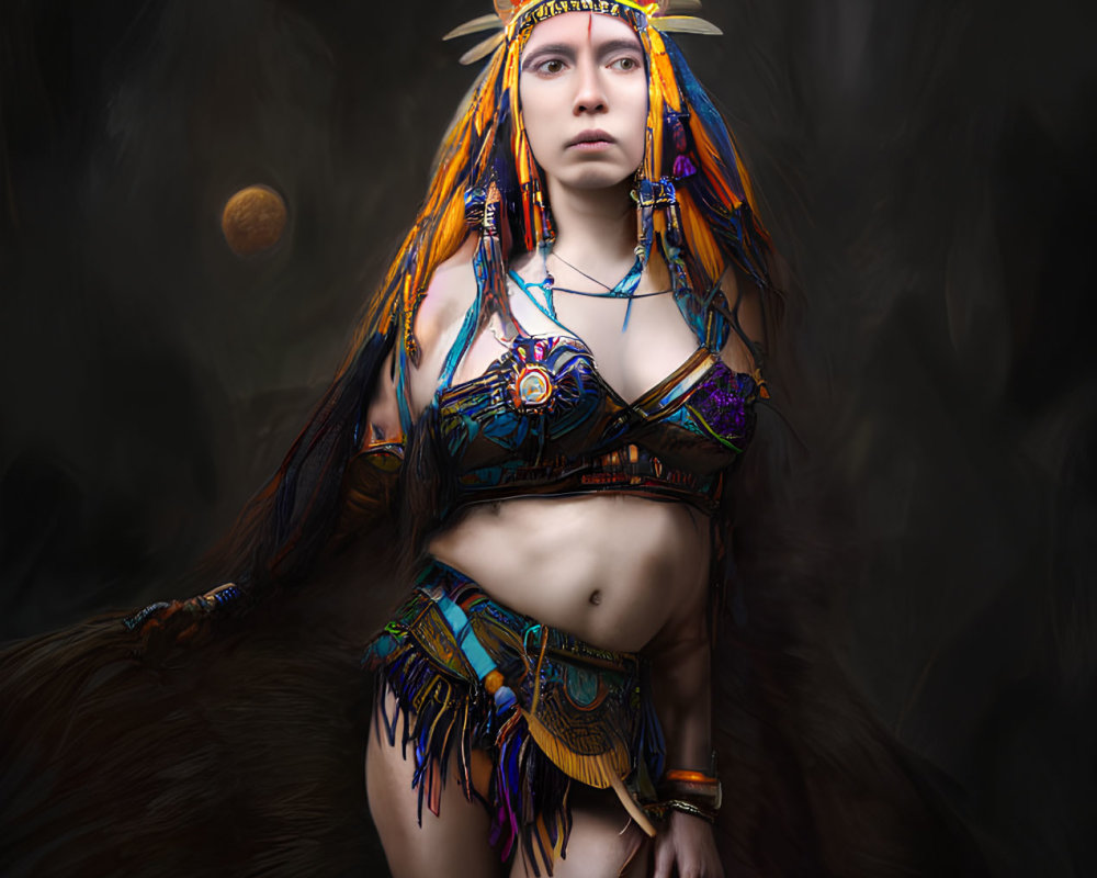 Elaborate tribal attire with beaded headgear and feathered accessories against misty backdrop
