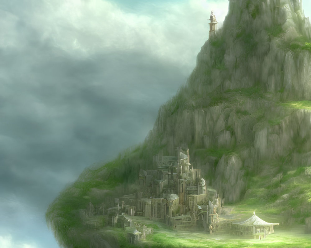 Mystical cliff-top city with illuminated castle and ethereal light