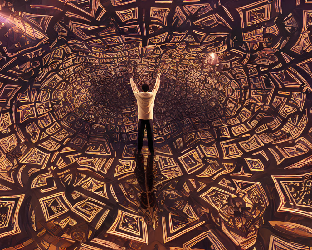 Figure in surreal vortex surrounded by floating books and sculptures.