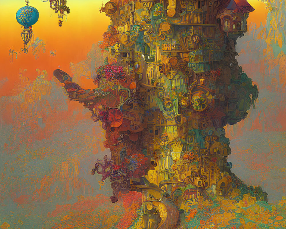 Fantastical tower surrounded by hot air balloons and colorful flora