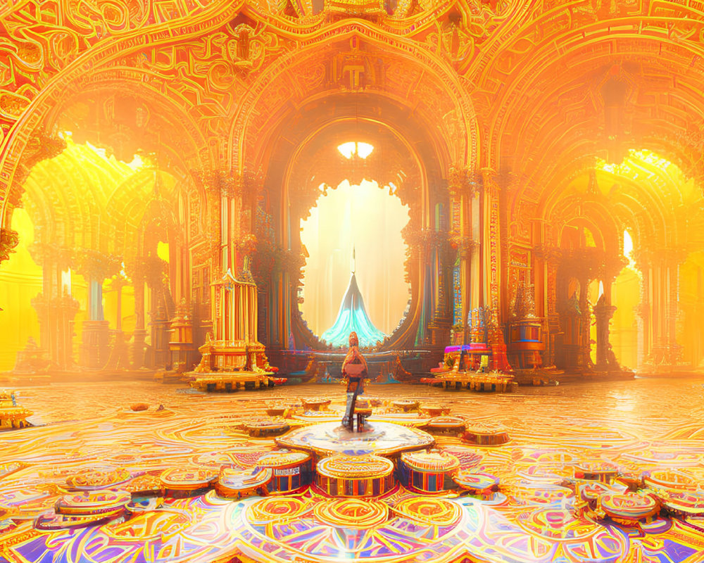 Person in Golden Sunlit Hall with Towering Arches