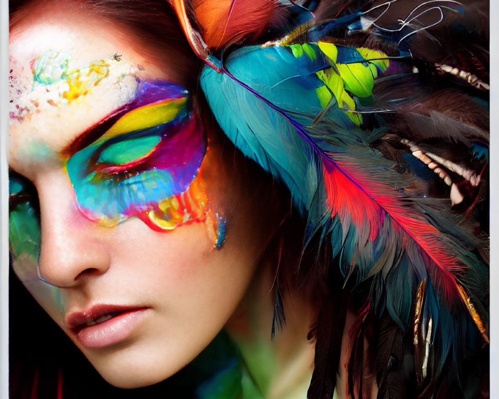 Vibrant face paint and colorful feather headdress on person