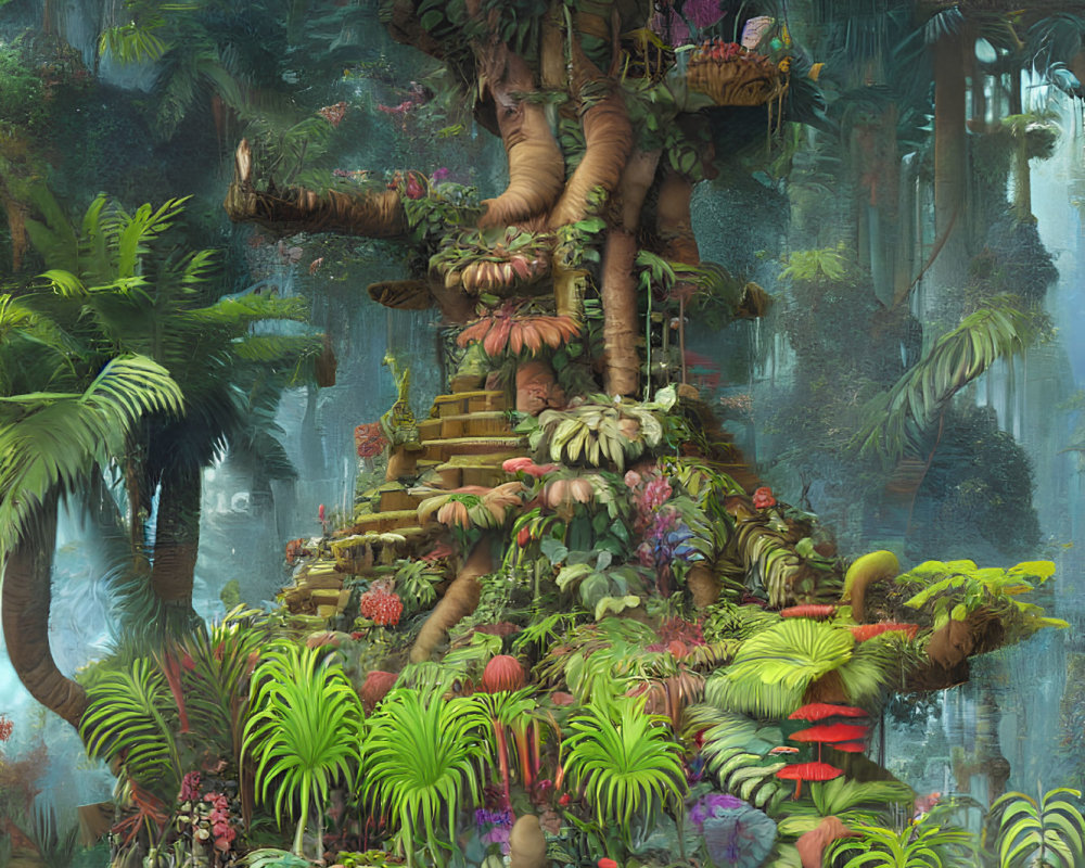 Lush Jungle with Mystical Treehouse and Wooden Walkways