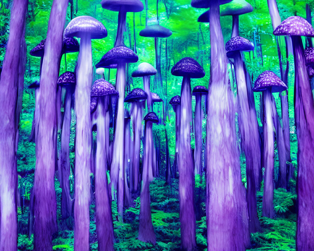 Luminous Green Canopy with Oversized Purple Mushrooms