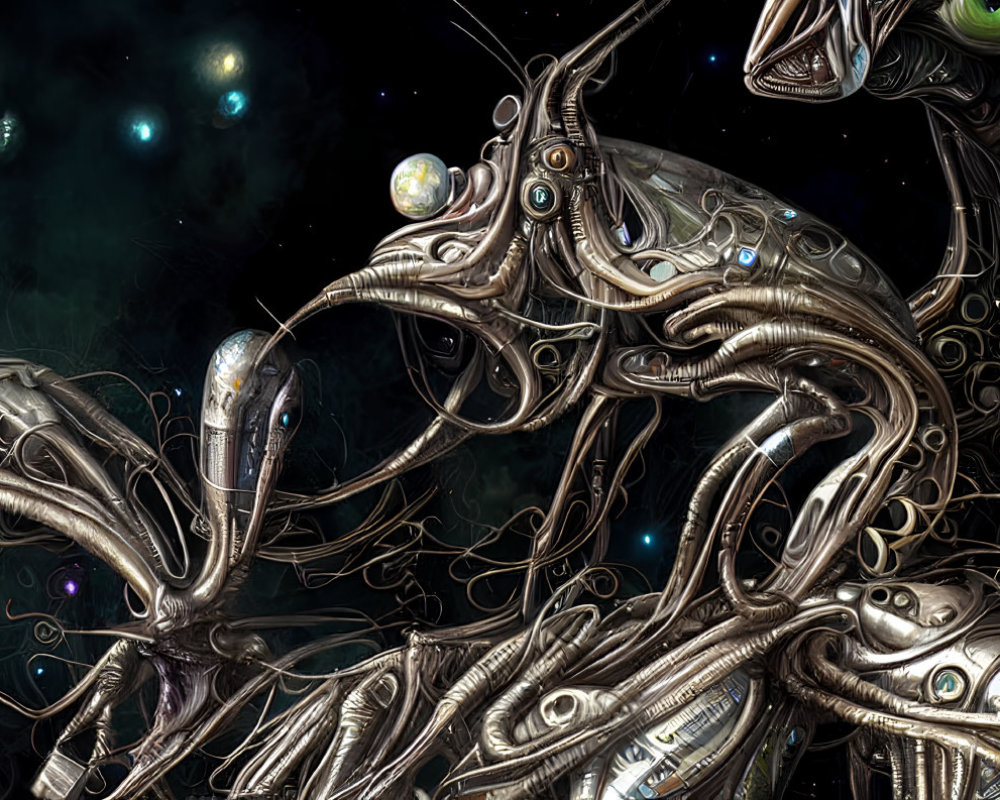 Surreal artwork of metallic biomechanical structures with tentacle-like forms and orbs in cosmic setting