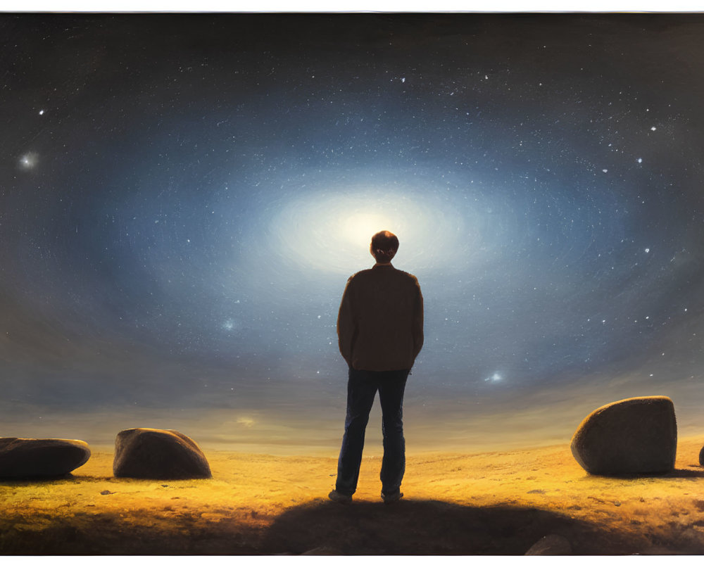 Person Contemplating Celestial Spiral in Twilight Landscape
