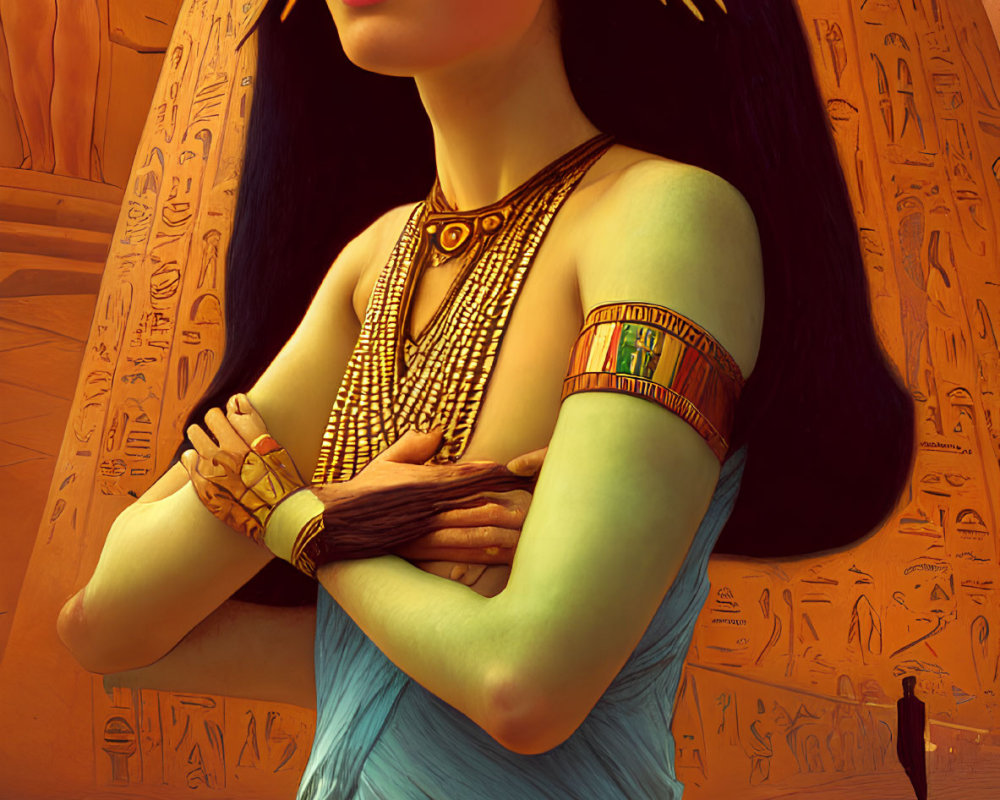 Ancient Egyptian woman in regal attire by pyramids at sunset