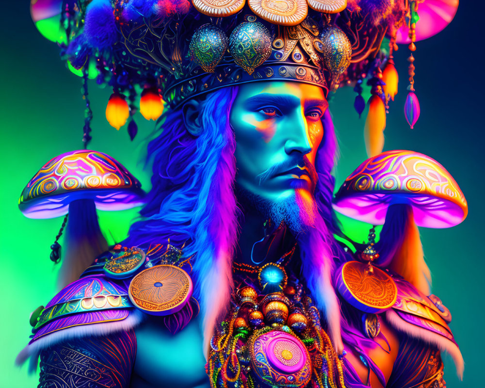 Colorful digital artwork of character with blue skin and crown among neon mushrooms.
