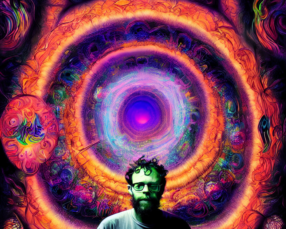 Man with glasses in front of vibrant psychedelic background