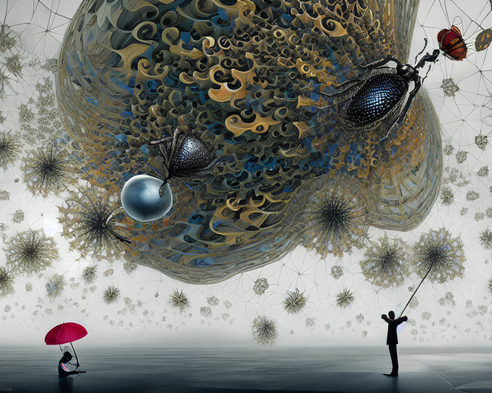 Surreal artwork: person with umbrella, ethereal structures, orbs with mechanical details, reflective surface