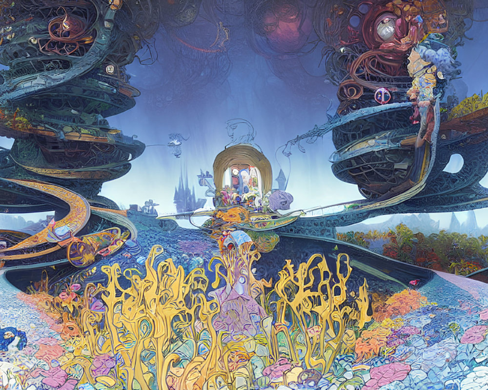 Colorful Fantastical Landscape with Swirling Structures and Flora