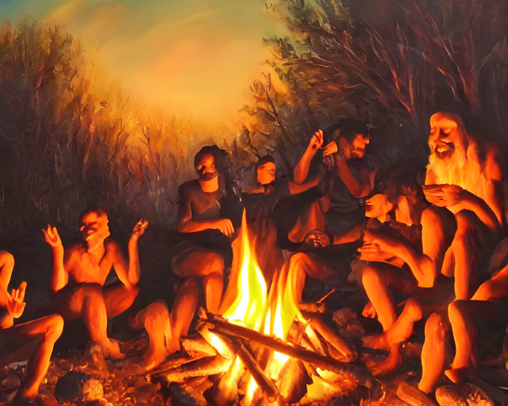 Group of People Gathered Around Campfire at Twilight for Conversation and Gestures
