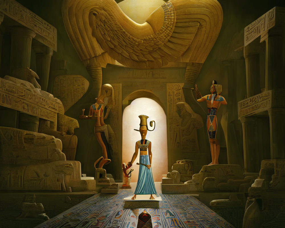 Ancient Egyptian themed illustration with Anubis figure and winged disc