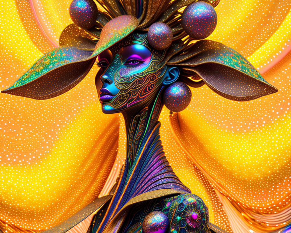 Colorful digital artwork: Female figure with cosmic and floral motifs in gold, blue, and orange.