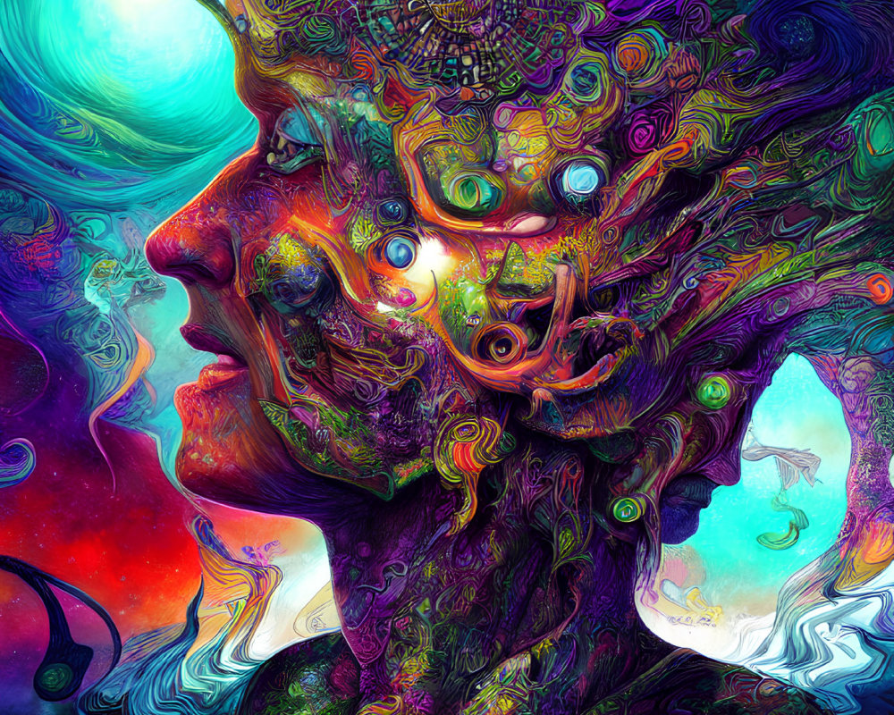 Colorful Psychedelic Artwork with Entwined Faces and Abstract Patterns
