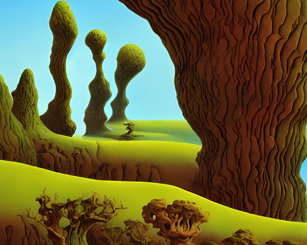 Surreal alien landscape with twisted trees and green terrain