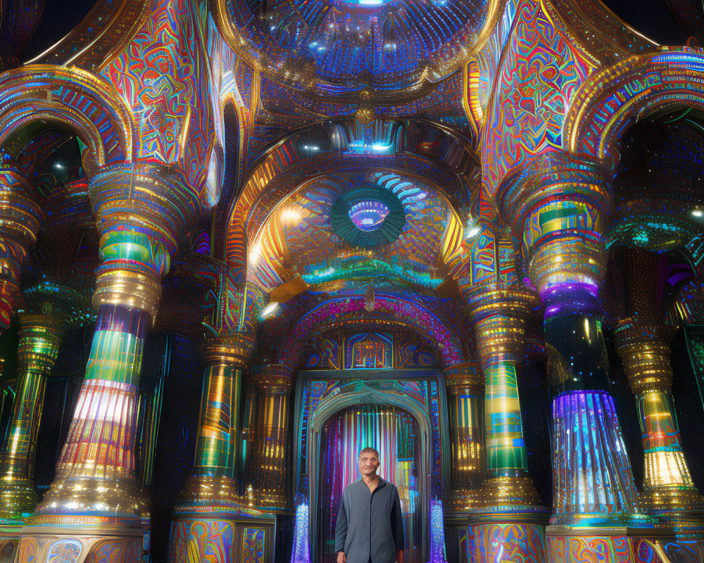 Man in Vibrant Futuristic Hall with Illuminated Pillars