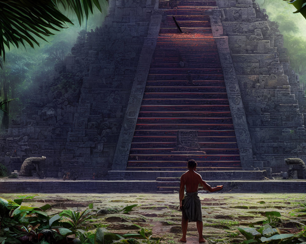 Mysterious jungle scene with glowing red staircase near ancient pyramid