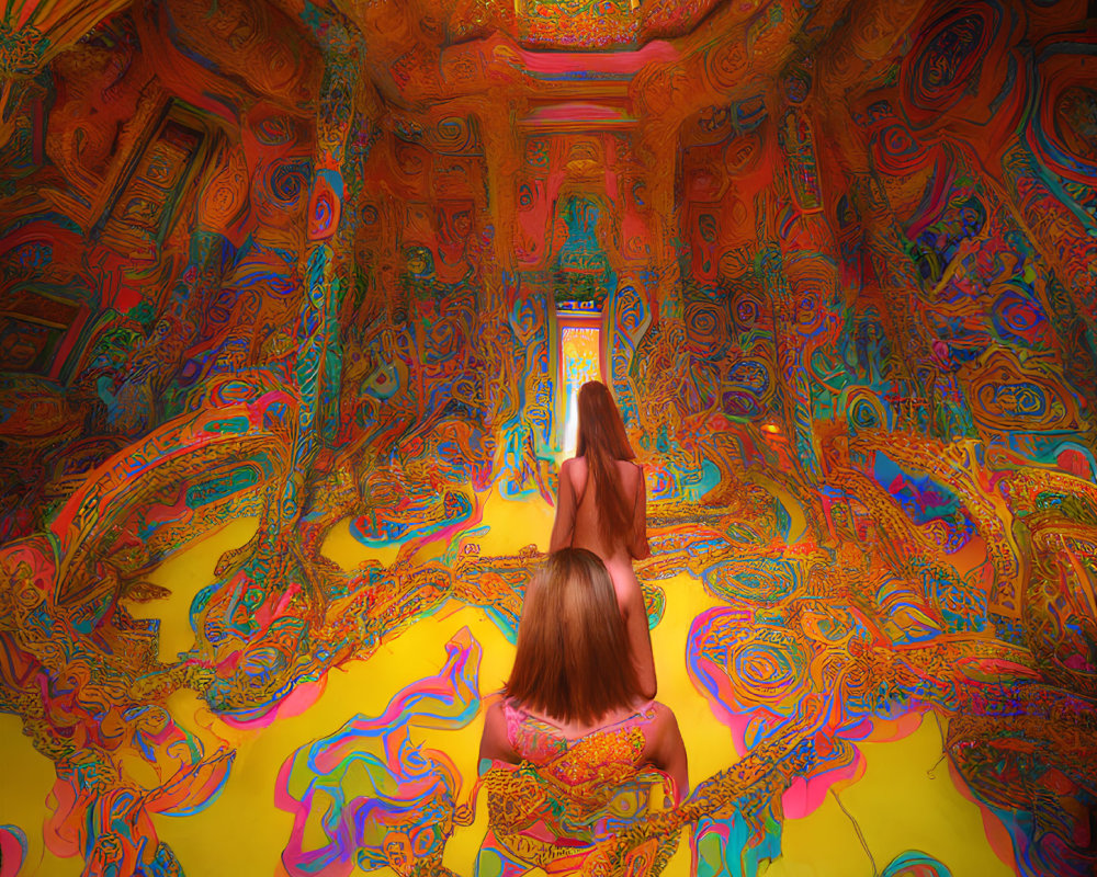 Colorful Psychedelic Room with Woman Looking in Mirror
