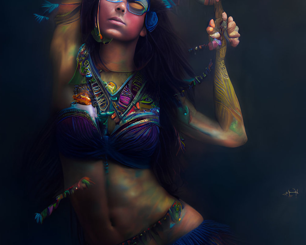 Vibrant tribal attire woman with feathered headdress and beaded jewelry poses.