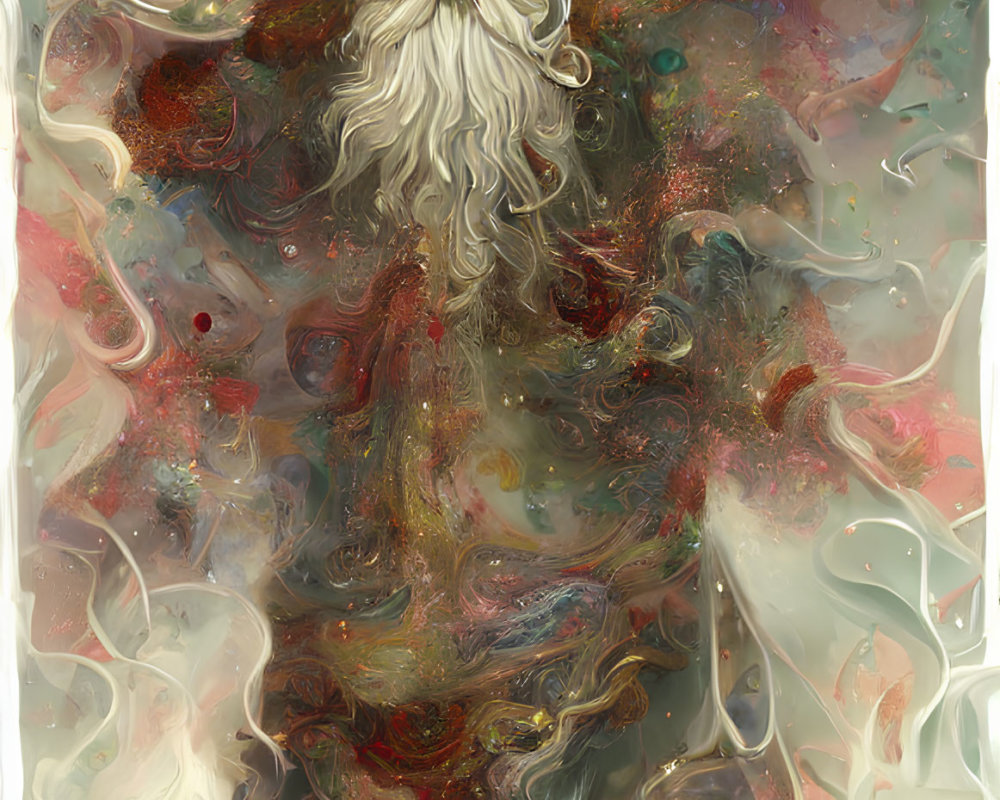 Santa Claus partially submerged in colorful swirling waters.